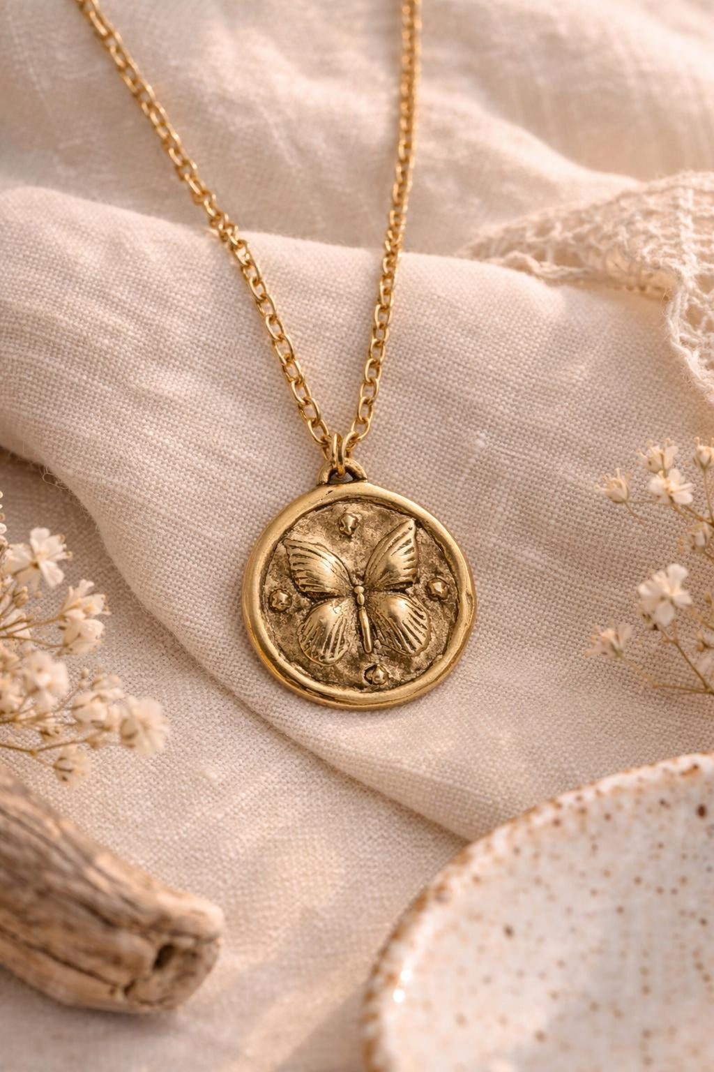 Antiqued Gold Butterfly Medal Necklace: Maple Leave Pendant - Reversible Pendant - Artisan Jewerly