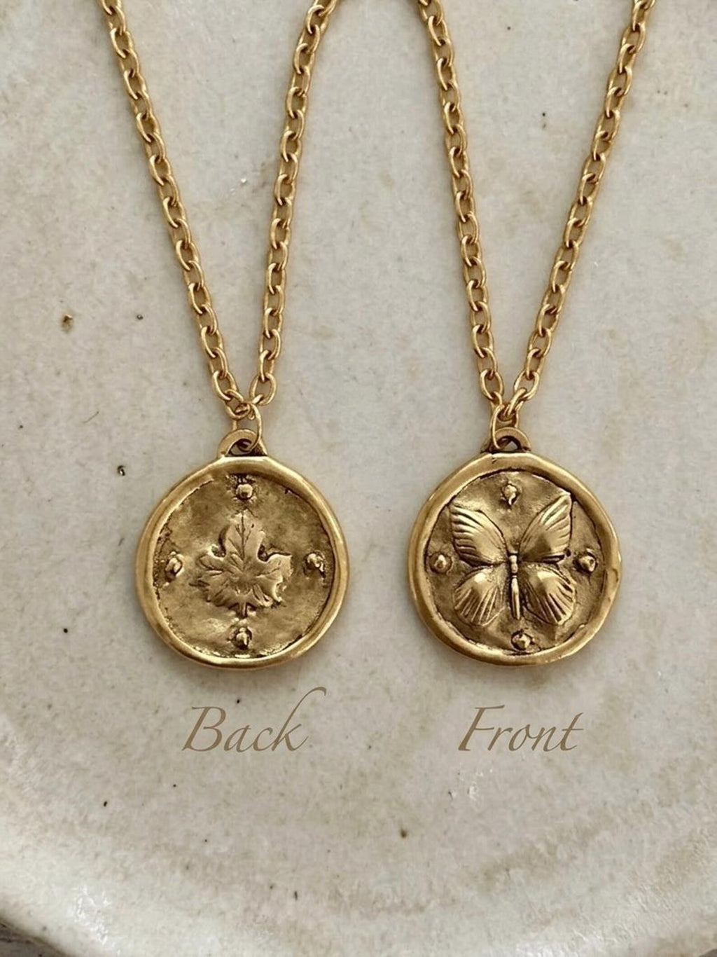 Antiqued Gold Butterfly Medal Necklace: Maple Leave Pendant - Reversible Pendant - Artisan Jewerly